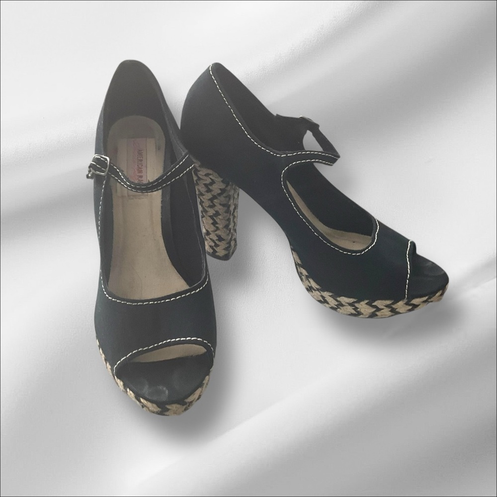 American Rag Black Heel SZ 11 Women Espadrille Heel Sole Strap Retro Coquette